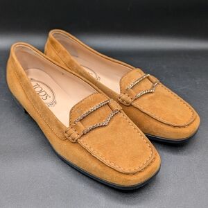 NWOT Tod's Brown Suede Loafers Rhinestone Buckle, Rubber Sole, US W7